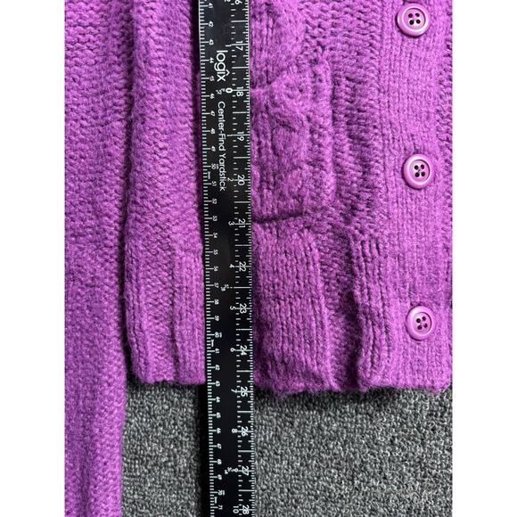 Fossil Wool Blend Cable Knit Cardigan Sweater Womens Size L Purple Button Up - Picture 6 of 7